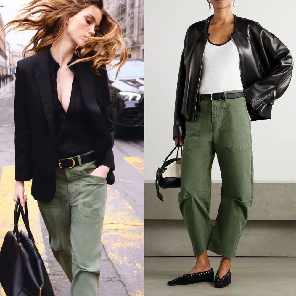 Nili Lotan Shon Pant Camo Green Twill Cotton Barrel Leg Cropped Hemmed Size 0 - Picture 9 of 10